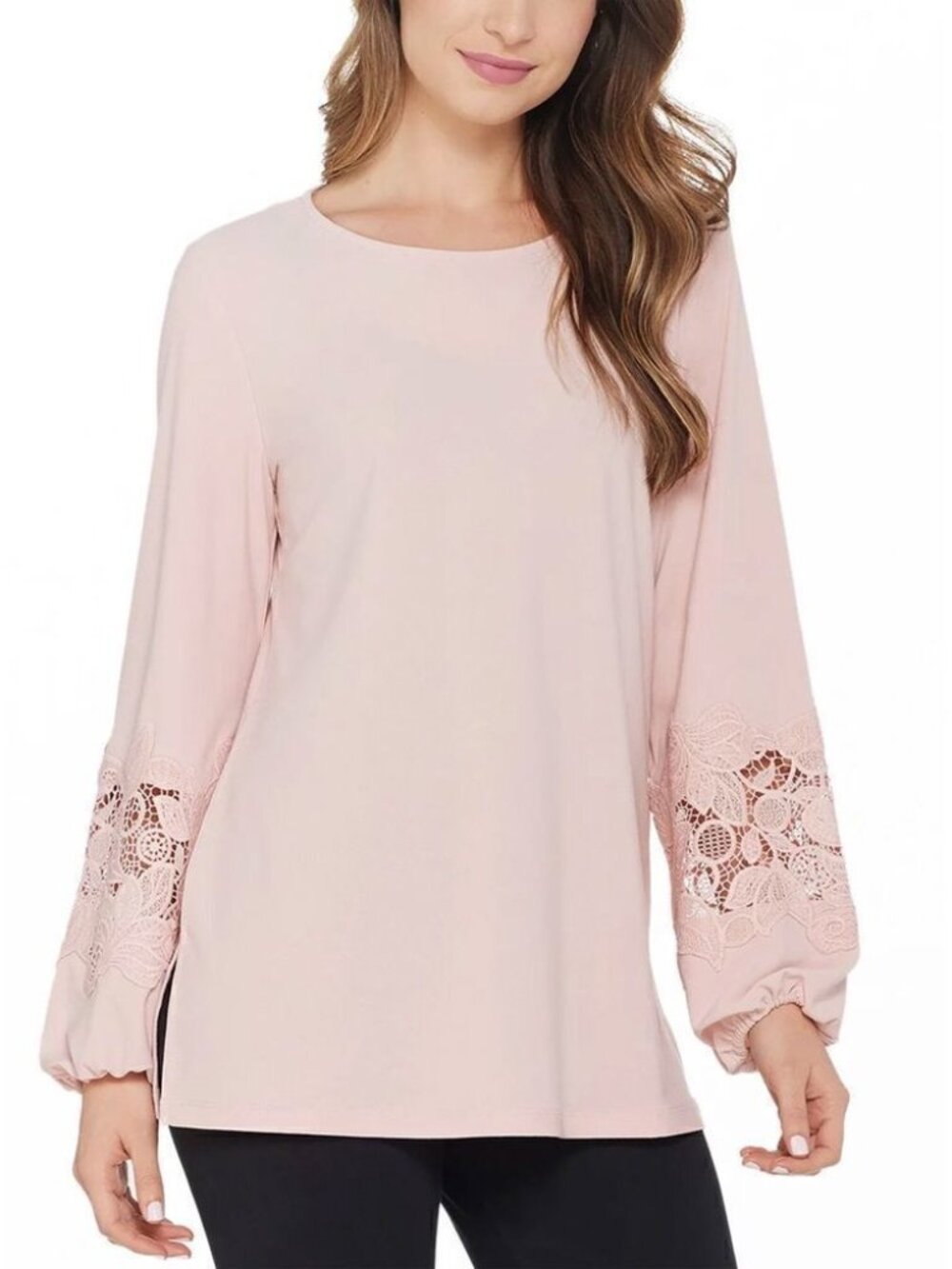 Dennis Basso Caviar Crepe Lace-Trimmed Slves Tunic